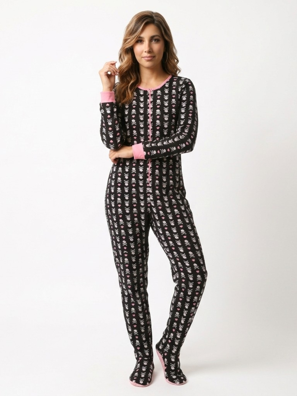 Women's Black and Pink One-Piece Onesie with Girly Skulls Pattern